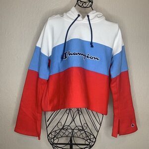 Champion Reverse Weave Red White Blue Bell Sleeves Cropped Hoodie Size XL